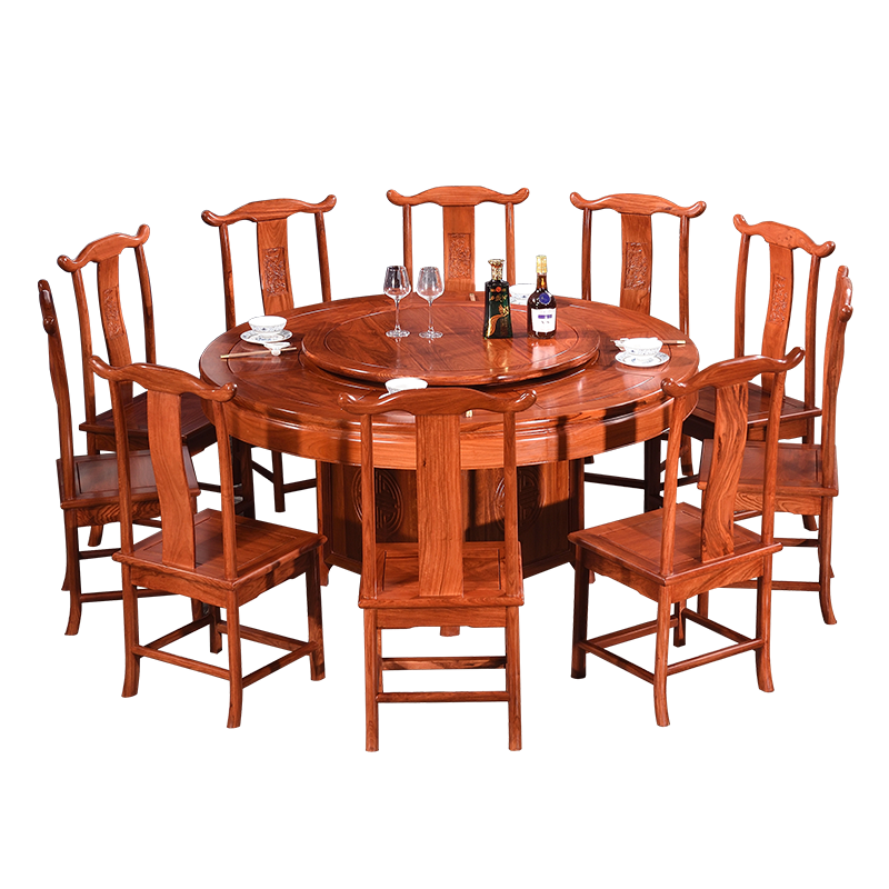 木中央 红木家具 非洲花梨（学名：刺猬紫檀）餐桌椅组合 实木中式仿古明式圆桌 餐厅圆形餐台官帽椅套装 1.3米圆桌+6椅带转盘（素面）
