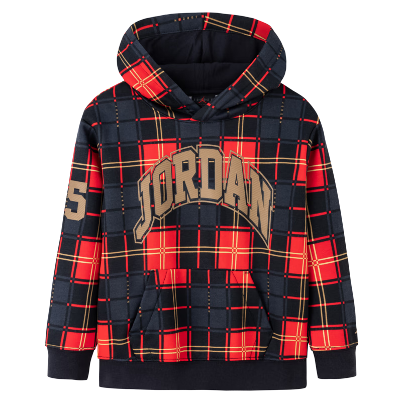 NIKE JORDAN 耐克AJ童裝男童抓絨連帽衛(wèi)衣冬季兒童格紋休閑上衣 正黑色【加絨保暖】 110 /52 【建議身高98-104cm】