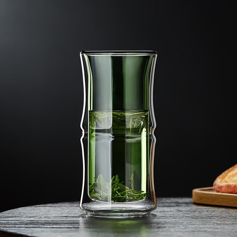 美斯尼  双层玻璃杯绿茶杯隔热防烫喝水杯凉水杯创意玻璃啤酒杯 雅绿 竹节杯