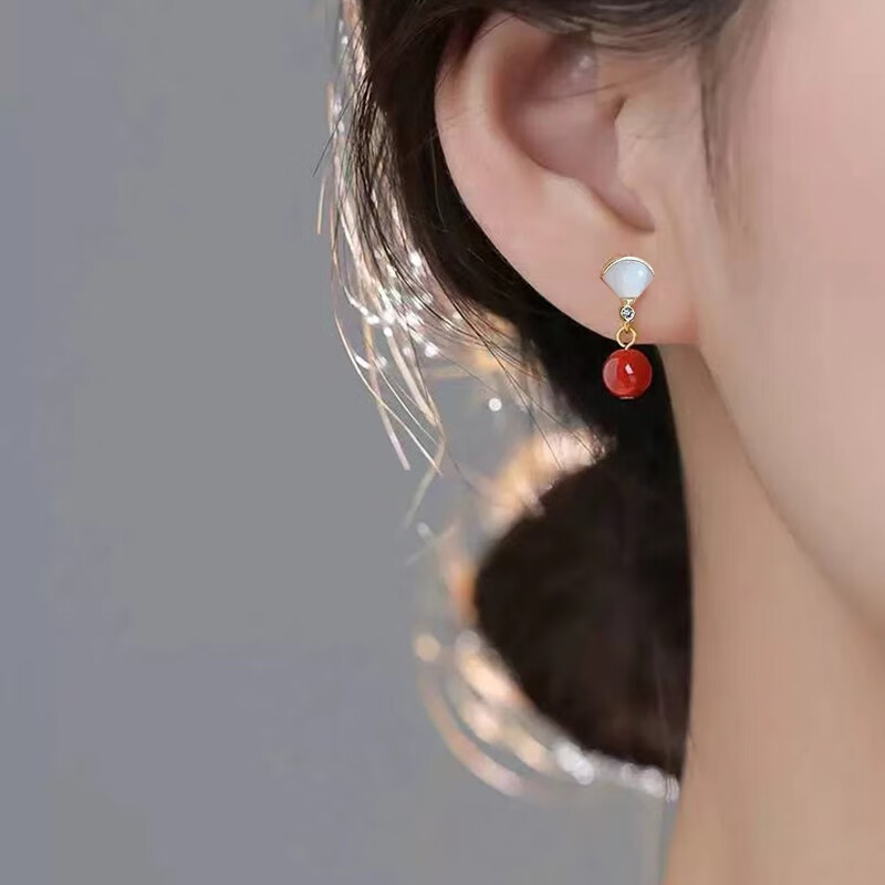 KRISTEN JUDI红色耳环女银针长款扇形贝母玛瑙耳饰小裙子耳钉送女友闺蜜礼物 金色生日礼物送女友老婆妈妈闺蜜