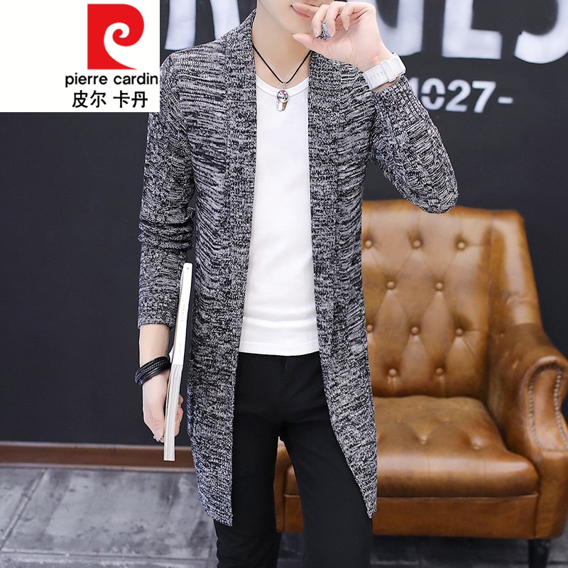 皮爾卡丹秋裝新款男裝男士毛衣線衣針織開衫男潮修身中長(zhǎng)款披風(fēng)針織外套 9309灰色 L 170
