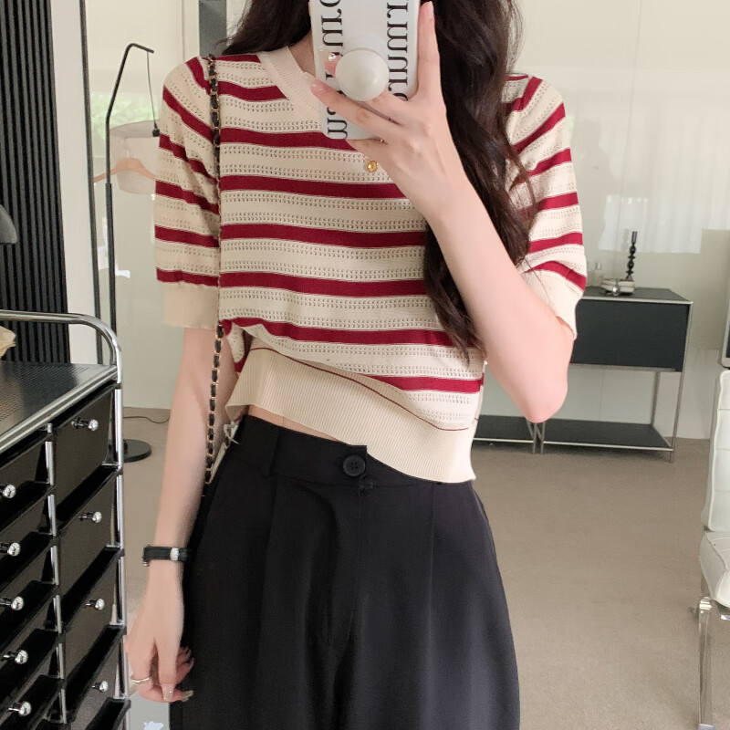 俏娃宝贝搭配直筒裤的上衣女夏季短袖配阔腿牛仔裤薄款镂空针织衫条纹