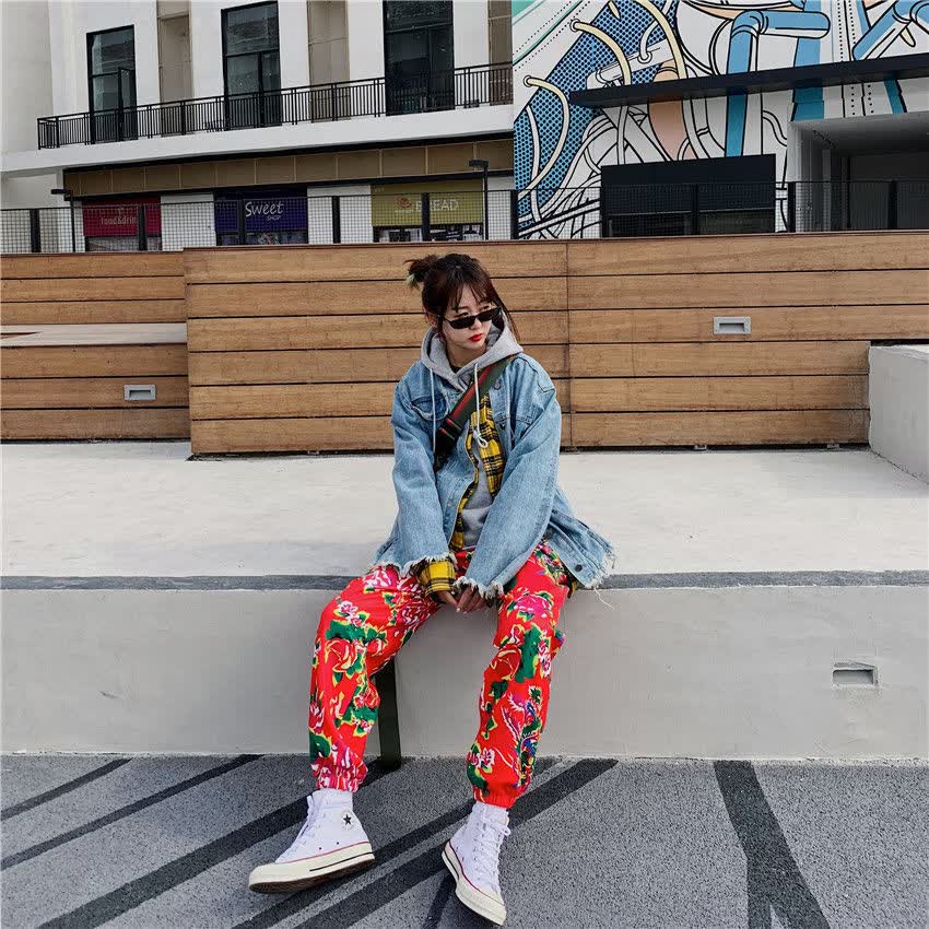 抖音同款东北大花裤碎花裤子秋冬中国风休闲运动裤宽松东北大花裤子女