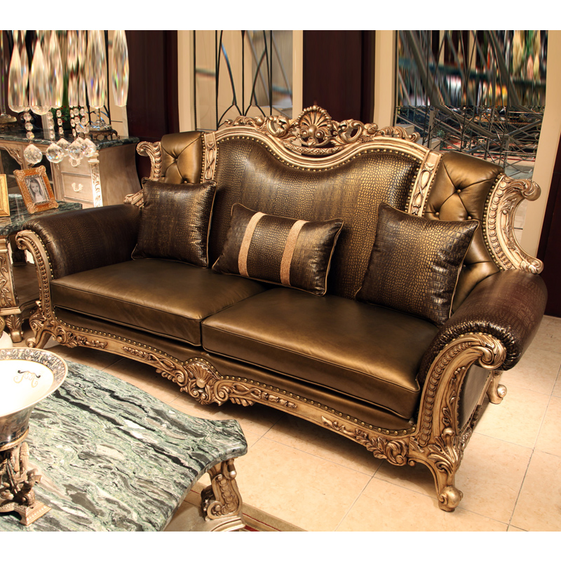 欧伦美欧式实木真皮沙发组合123客厅美式香槟色复古大沙发奢华u型沙发