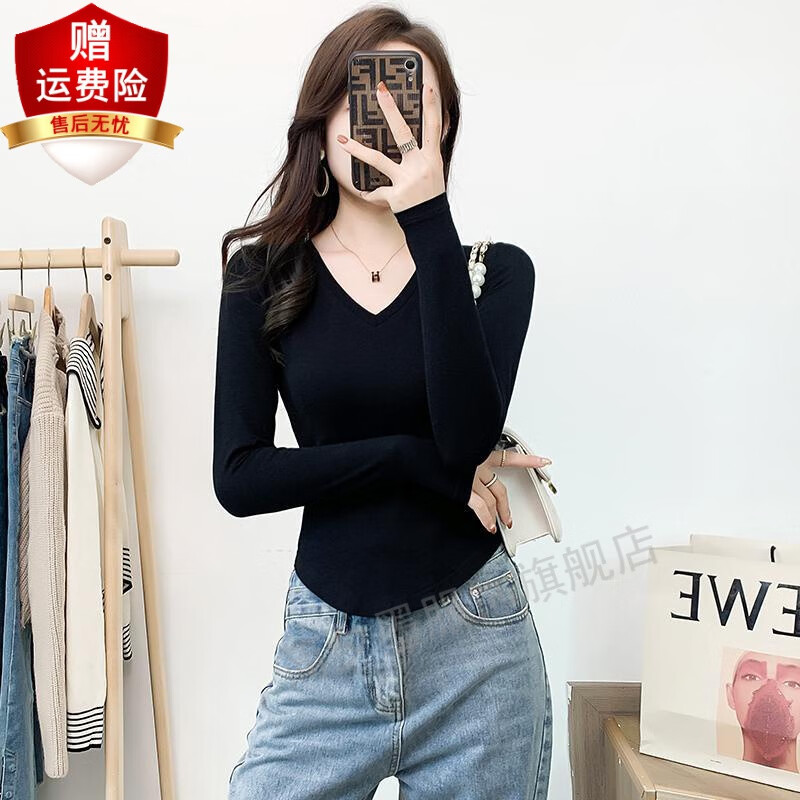 简夕墨 女装u型下摆v领打底衫女新款秋冬百搭单品纯色长袖 v领黑色 s