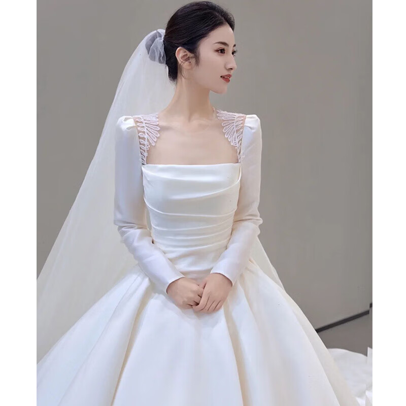 百丽驼美士(balitomms)缎面婚纱新娘新款主纱复古轻婚纱出门纱小个子