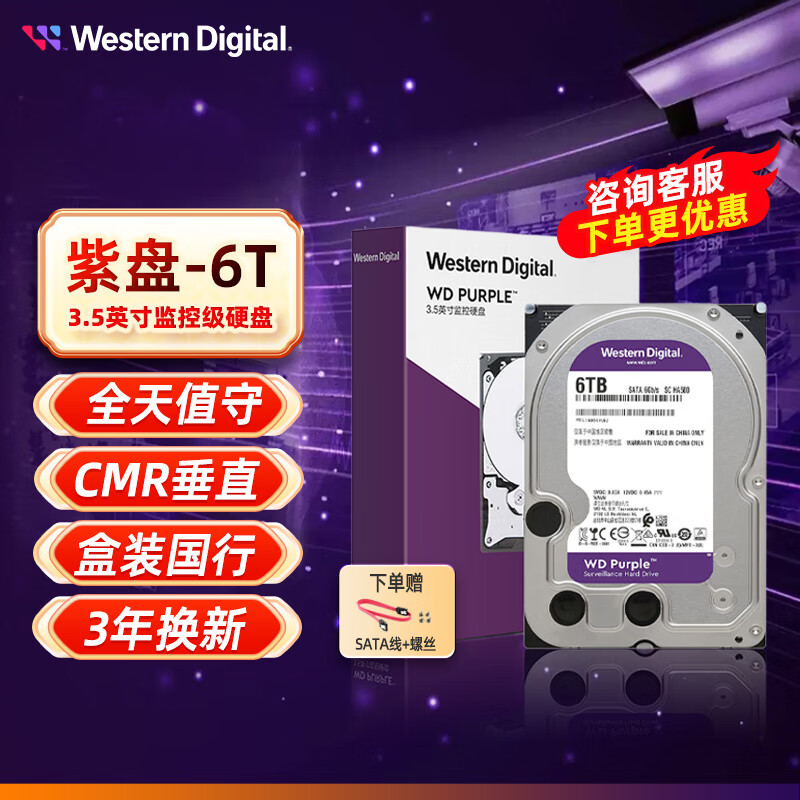 西部数据（WD） 紫盘6TB SATA3接口 5400转 3.5英寸 台式机机械硬盘 安防监控硬盘WD64PURZ