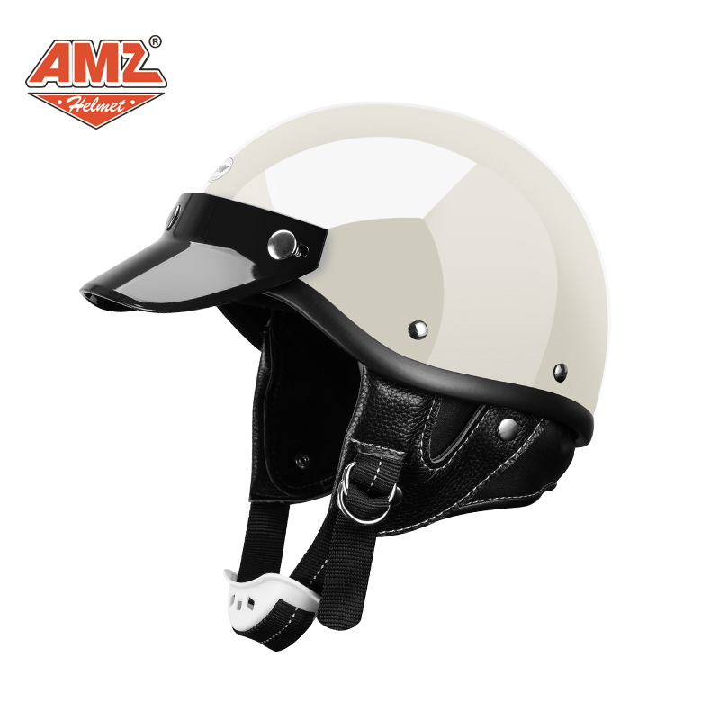 AMZ日式复古机车女士头盔四季网红小盔体玻璃钢电动车男士巡航半盔 亮光白（非3C） M（适合54-56）