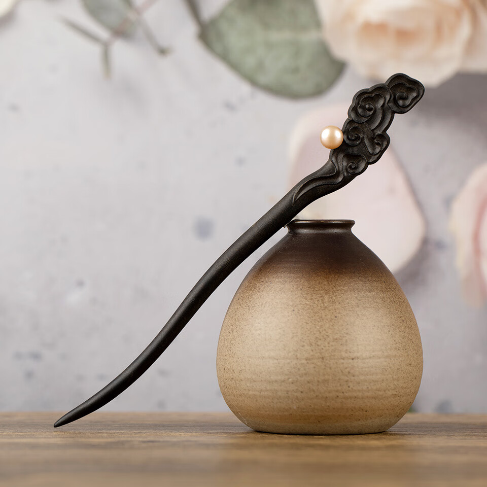 发木簪中国风淡水珠簪子古装旗袍头饰 沉贵宝 淡水珍珠木头发簪—云海