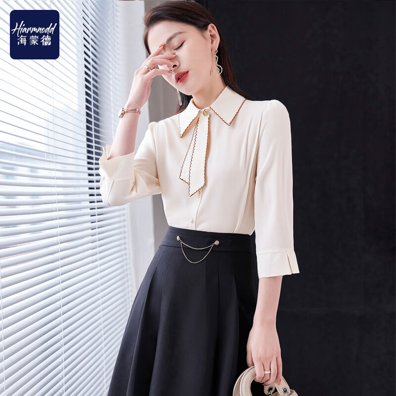 海蒙德简约衬衣女夏季气质休闲百搭飘带女士衬衫显瘦女款职业装上衣
