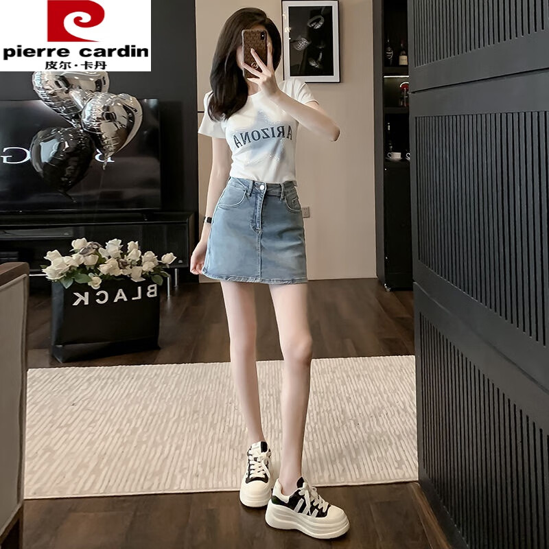 皮爾卡丹（pierre cardin）短袖T恤套裝女款2024夏季穿搭歐貨高腰氣質(zhì)短款牛仔半身裙兩件套 白色T恤+藍(lán)色牛仔裙 M