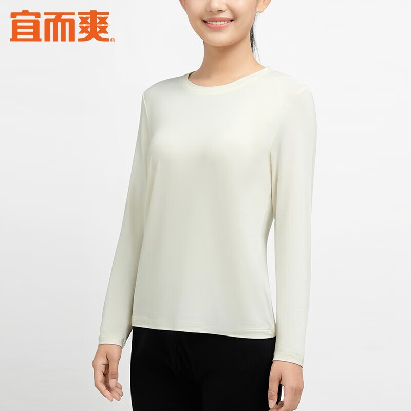 宜而爽 女士秋衣上衣抗静电薄款长袖衫中领圆领半高领防风防寒基础打底保暖内衣 白色女款-圆领 M/160
