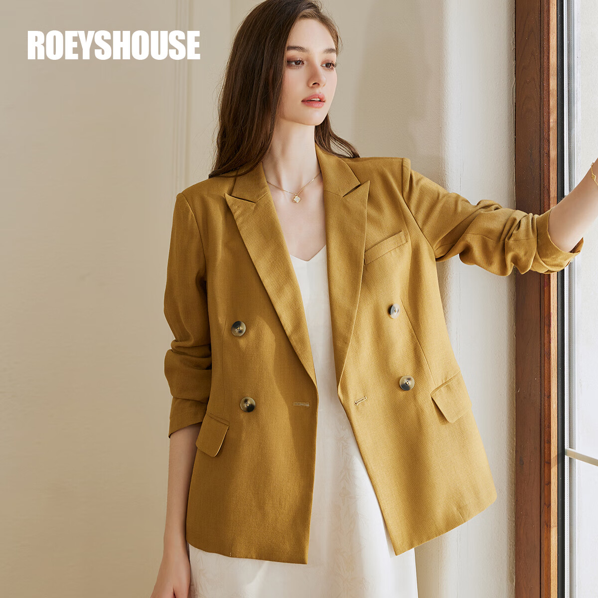ROEYSHOUSE羅衣職業(yè)通勤西裝套裝女春季新款棉麻外套直筒褲兩件套10451 棕黃 （外套） M