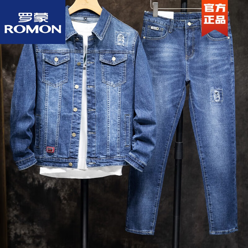 罗蒙（ROMON）男士套装牛仔外套春秋季新款男装一套衣服搭配裤子休闲帅气2件套 蓝色 衣服+裤子，一套 XL126-145斤穿