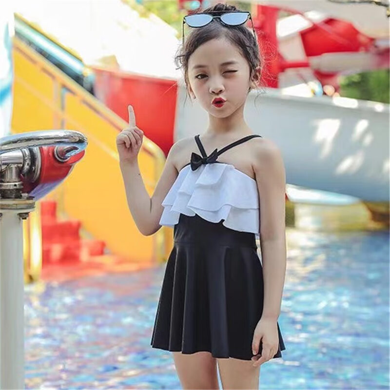 宸芃新款儿童泳衣女小学生少女女童童连体泳衣裙式平角保守泳装 黑色