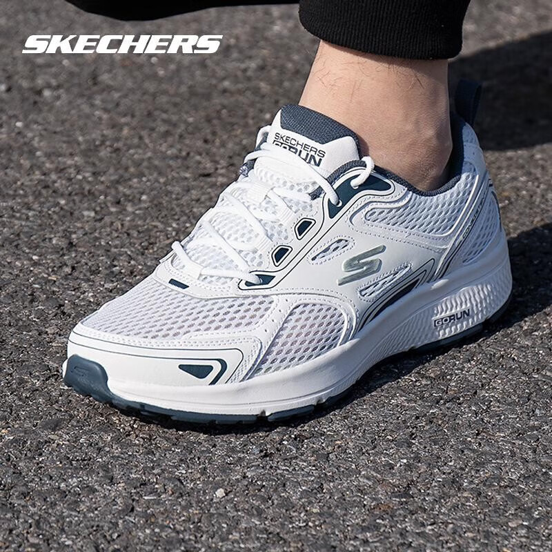斯凯奇（Skechers）男鞋夏季2025新款轻便软底休闲鞋缓震减震跑步鞋网面透气运动鞋 白色/海军蓝色-WNV /建议