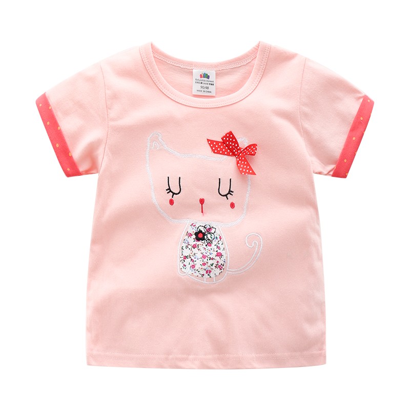 贝壳元素夏季卡通女童短袖T恤 童装儿童圆领打底衫 tx5008 粉色小猫 130cm
