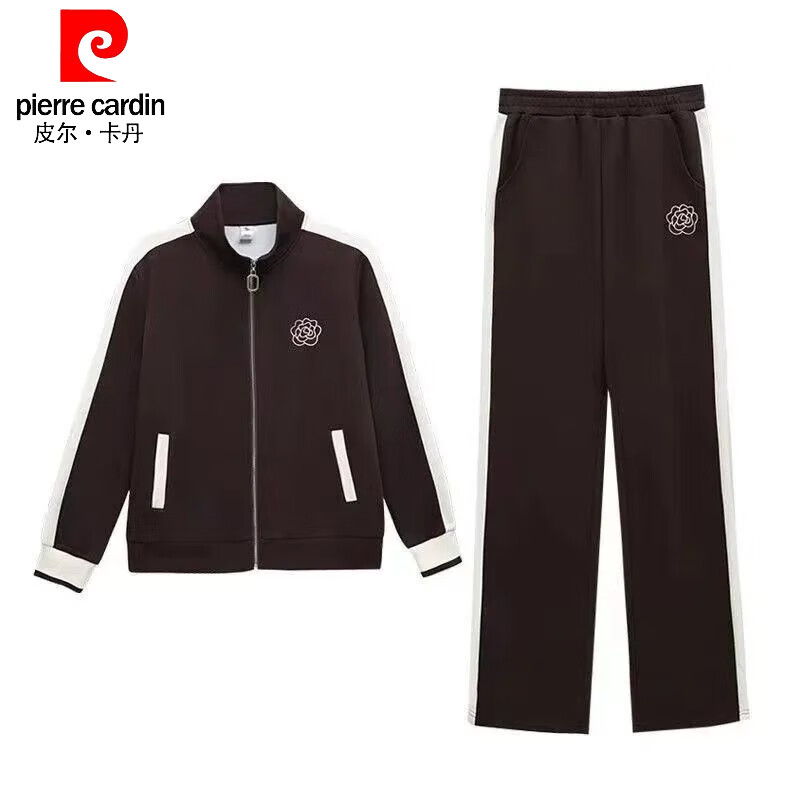 皮尔卡丹(pierre cardin)中老年运动套装女春秋外套新款卫衣洋气时尚减龄休闲跑步服三件套 咖啡色三件套 L
