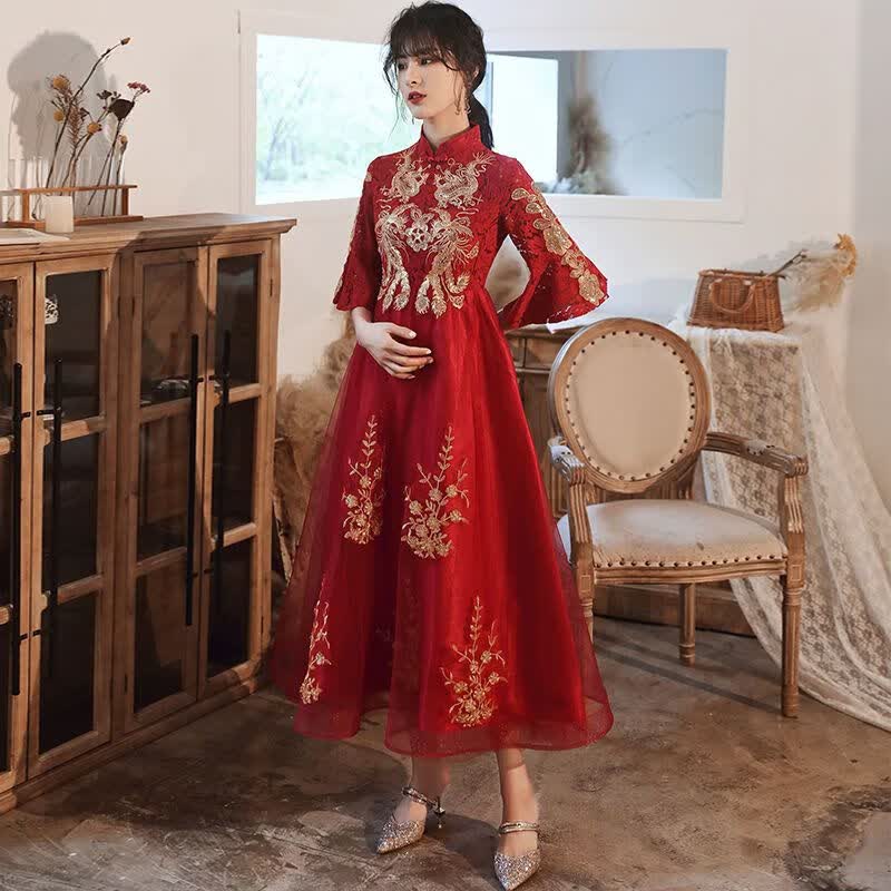 戏梨孕妇敬酒服新娘遮肚子2023新款中式结婚礼服大码胖红色回门服女 长款酒红色高腰敬酒服 M属于什么档次？