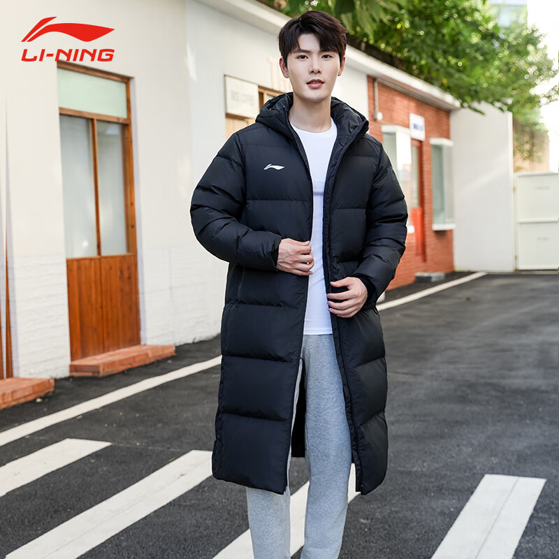 李宁羽绒服男女同款冬季中长款过膝防风保暖加厚连帽学生运动外套大袄 经典黑-长款连帽·80%含绒量/防风保暖 L