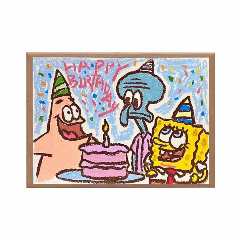 派大星生日快乐原木色相框7寸实木创意摆件卧室装饰生日礼物 派大星庆