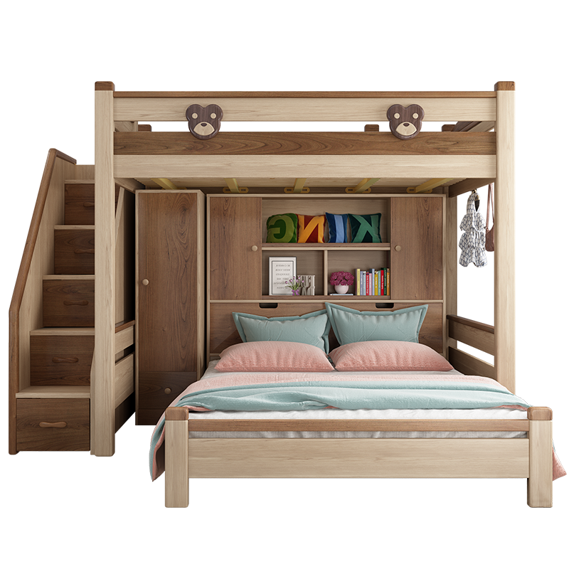 优漫佳 儿童床交错式床错位上下床铺成人高低床双层床子母床学生床 白蜡木床柱 主架床+梯柜+1.5米单床+床头书柜+单门衣柜