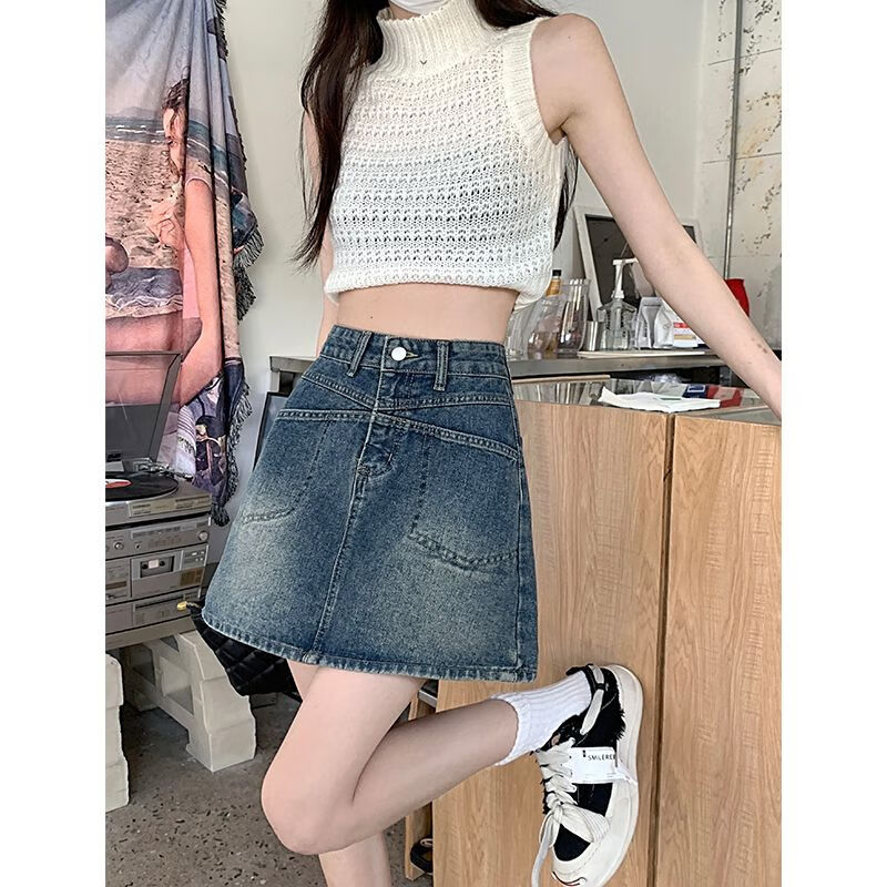 誉鹿小个子百搭牛仔半身中长女a字裙复古高腰a字牛仔半身裙女小个子夏