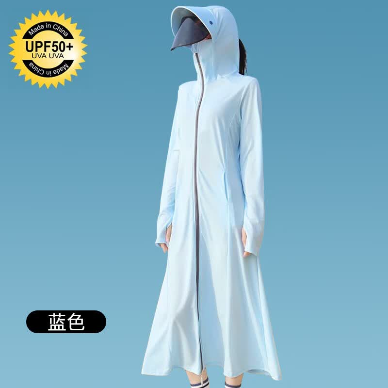 遮阳简约女户外加长透气防晒服风夏季休闲防晒衣 天蓝色长款带镜片 jm