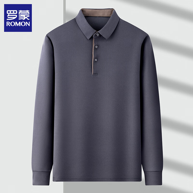 罗蒙(ROMON)男士长袖t恤2026春季新款商务休闲纯色polo领打底体恤衫男装上衣 深灰 3XL (建议165-180斤) 京东折扣/优惠券
