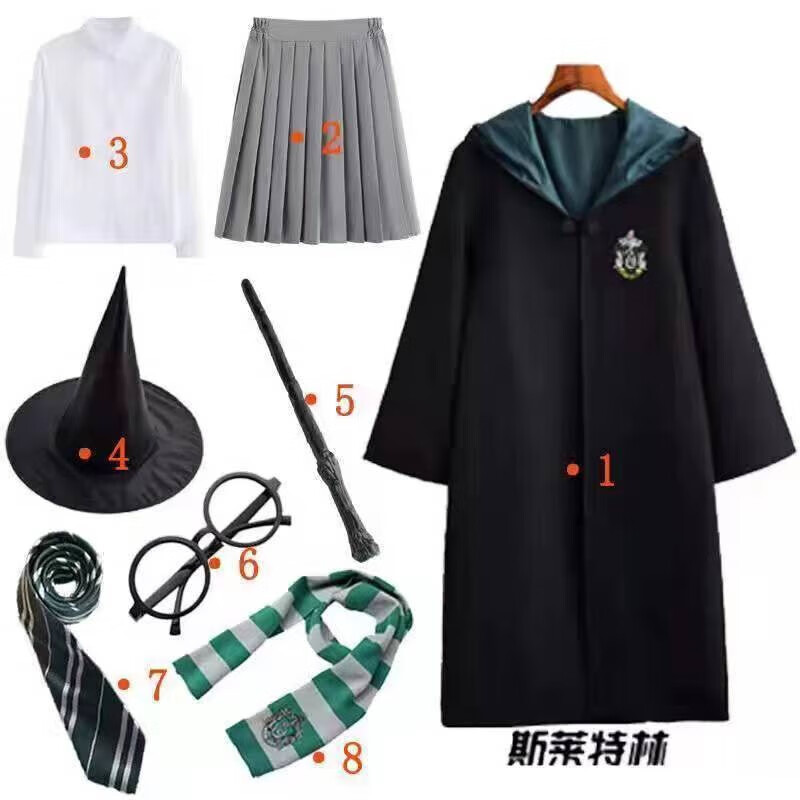 可爱家哈利波特衣服cos服全套格兰芬多儿童魔法袍表演校服装巫师袍周边 斯莱特林八件套(女裙子男裤子) 儿童(145型号)