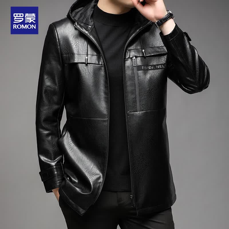 罗蒙 皮衣男秋冬季2022商务休闲中长款连帽皮夹克中青年男士爸爸装