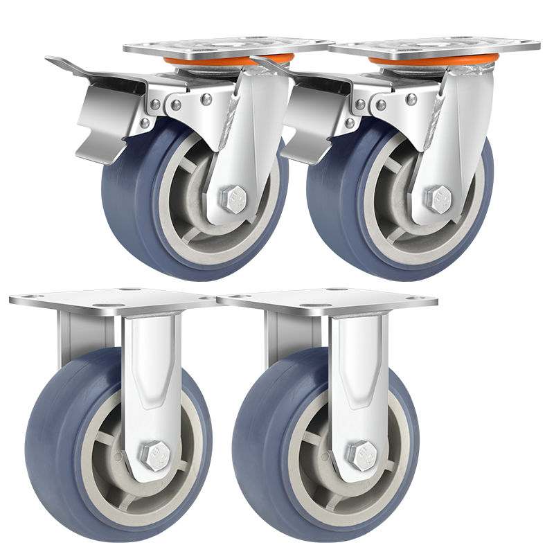 森桓（SENHUAN）4568寸橡膠萬(wàn)向輪輪子帶剎車腳輪推車平板車貨架凈音重型轱轆滑輪 5寸定2剎2