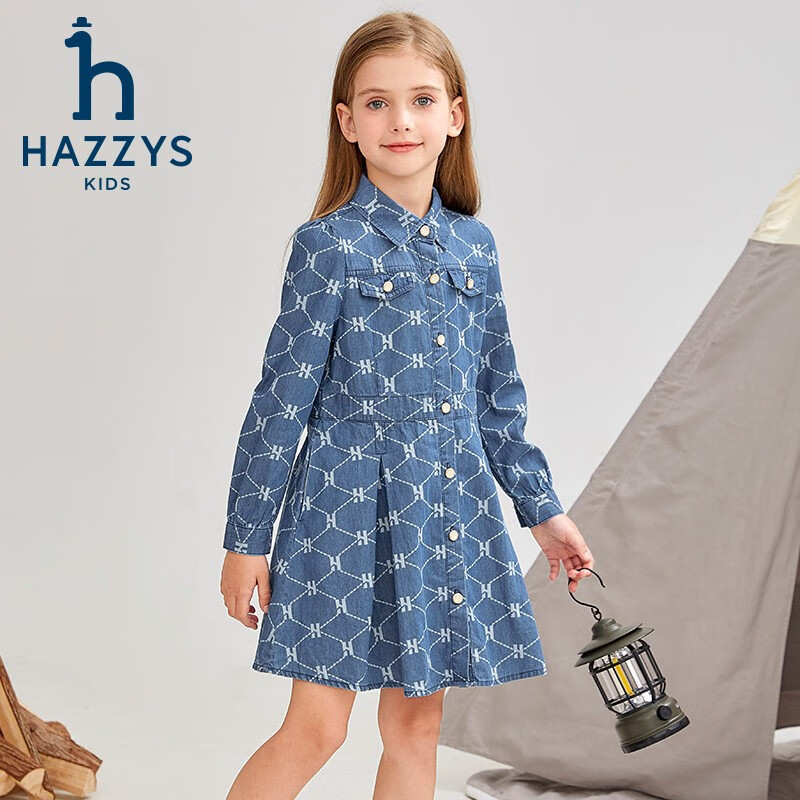 哈吉斯（HAZZYS）品牌童装女童连衣裙秋新品柔软舒适翻领简约甜美牛仔长袖裙 蓝牛仔 145