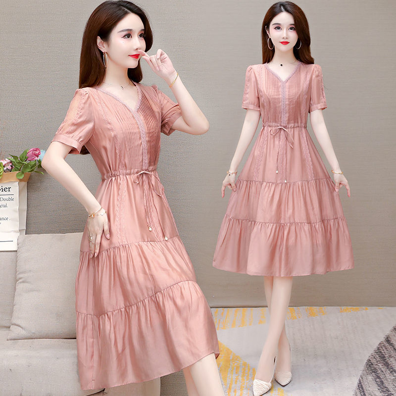 晟今年流行裙子夏季新款温柔淑女风v领蛋糕裙系带收腰a字连衣裙 粉色