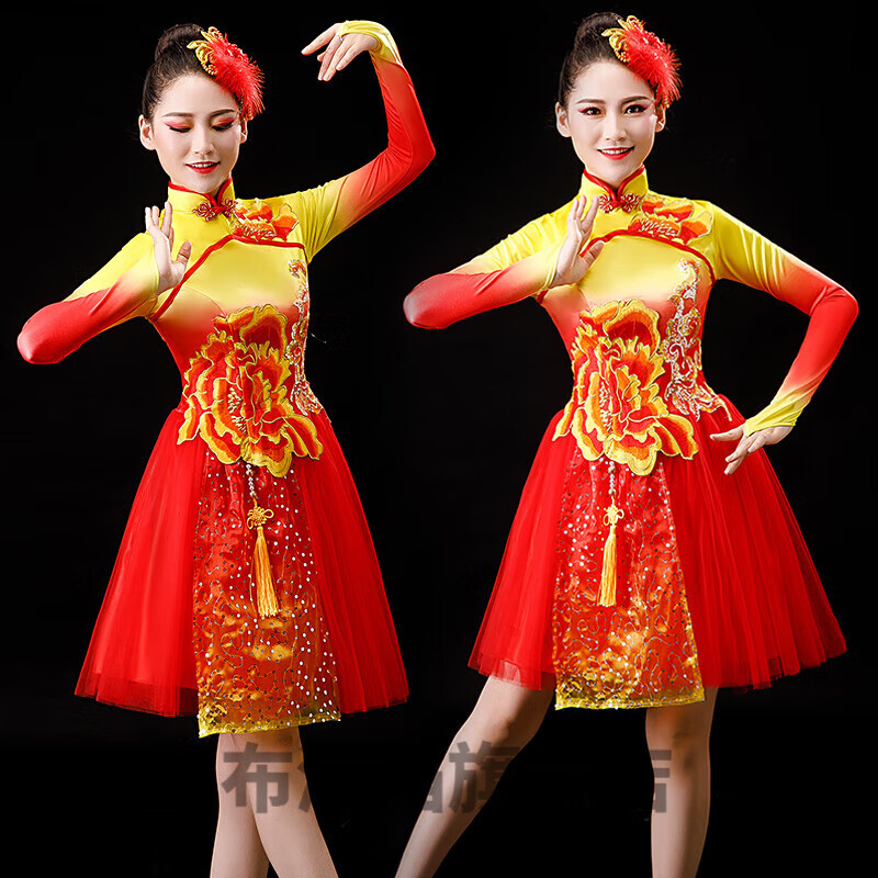 花淯女式打鼓服装新款风民族舞蹈演出服现代旗袍水鼓腰鼓扇子舞套装