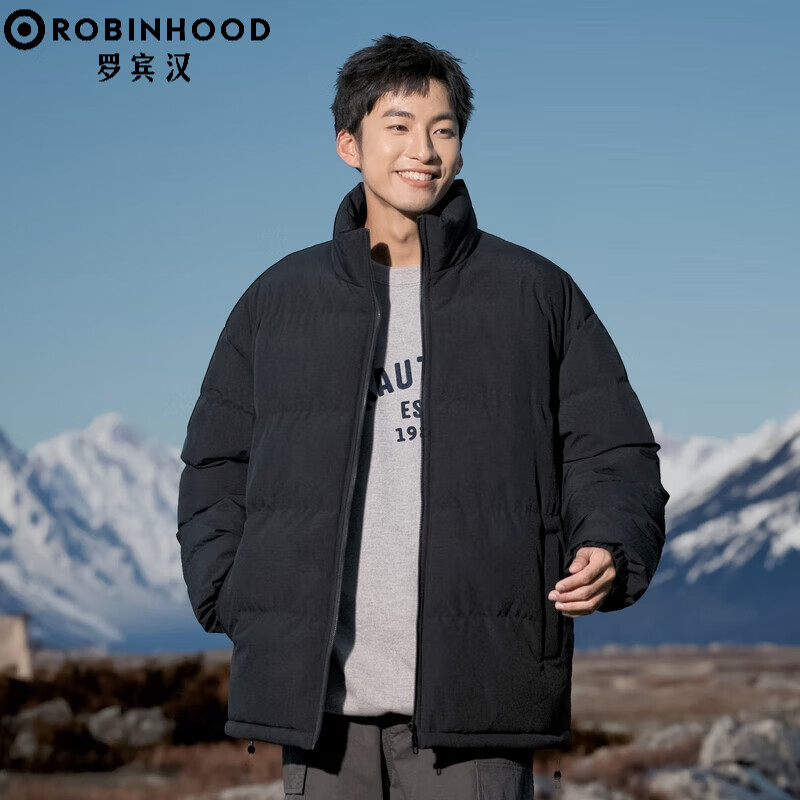罗宾汉 棉服男士立领冬季新款保暖休闲外套青少年潮流面包服百搭棉衣服 黑色 3XL（建议175-190斤）