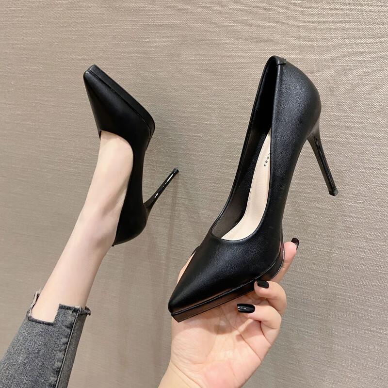 twtckpi恨天高高跟鞋黑色职业细防水台尖头工作鞋女厚底气质单鞋高根
