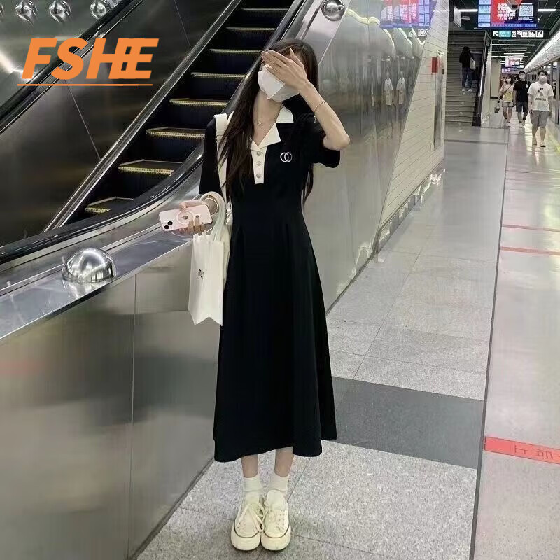 FSHE法式气质连衣裙女夏季2025新款别致收腰显瘦休闲长裙 黑色_长裙 S