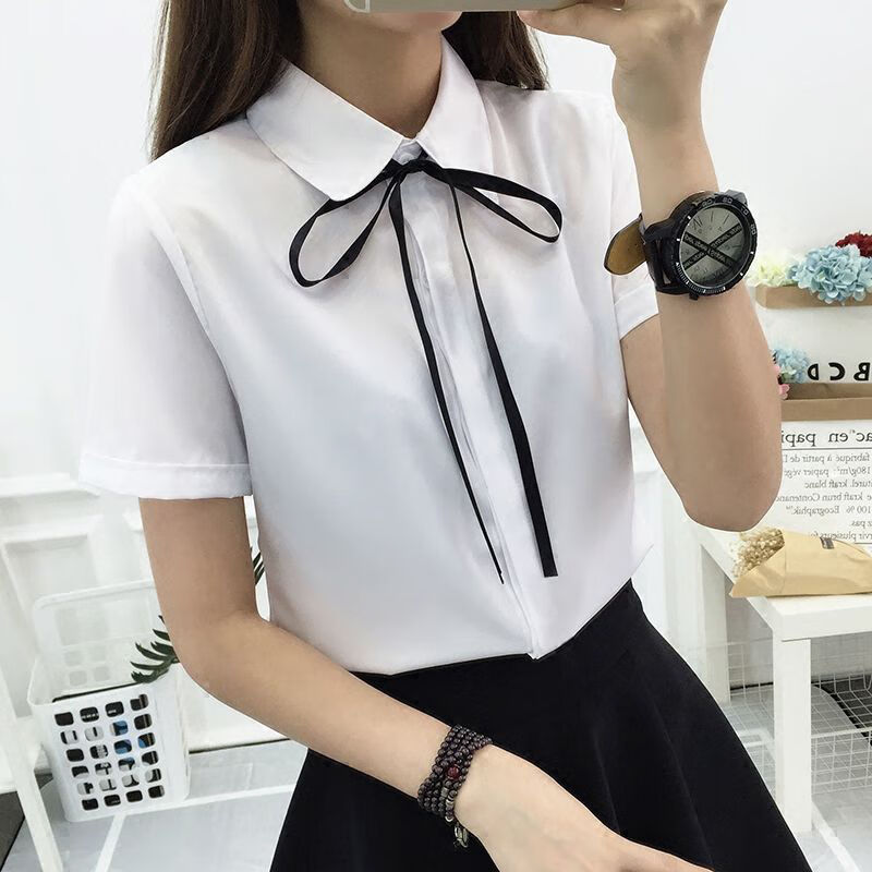 爱图荣夏新款韩版白色短袖衬衫女修身蝴蝶结学生衬衣工装职业上衣