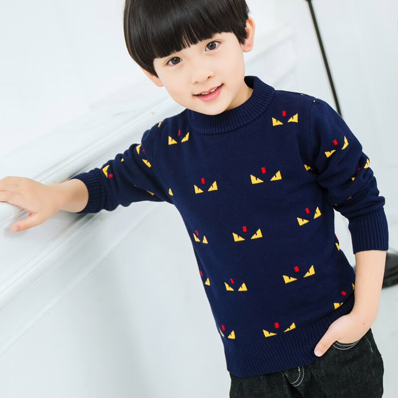 绒中羊童装男童毛衣套头双层加厚纯棉中大童线衣儿童针织衫秋冬款 双层加厚藏青横花 150 建议身高135-145cm