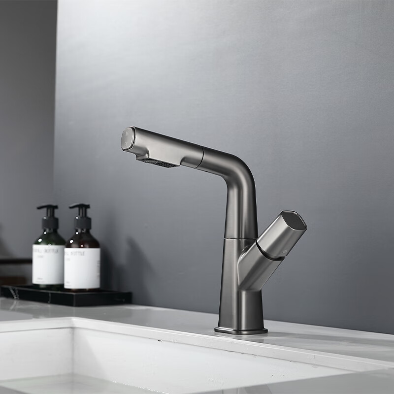 抽拉式面盆水龙头冷热洗脸盆洗手池洗头台上龙头升降旋转 拉丝枪灰色