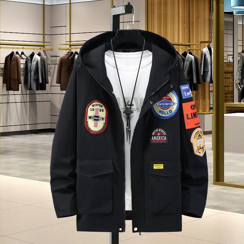 意钦环加肥加大码男士贴标派克服风衣外套中长款潮胖子宽松休闲上衣