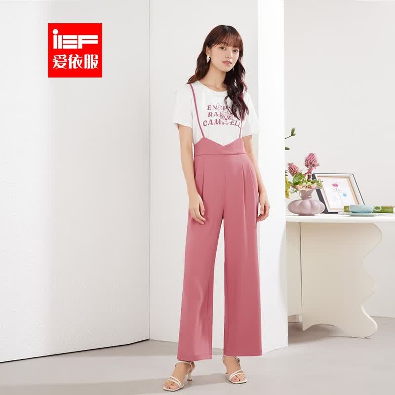 IEF/爱依服套装2023夏季新款干练气质女装百搭t恤背带裤子两件套 粉 M使用感如何?
