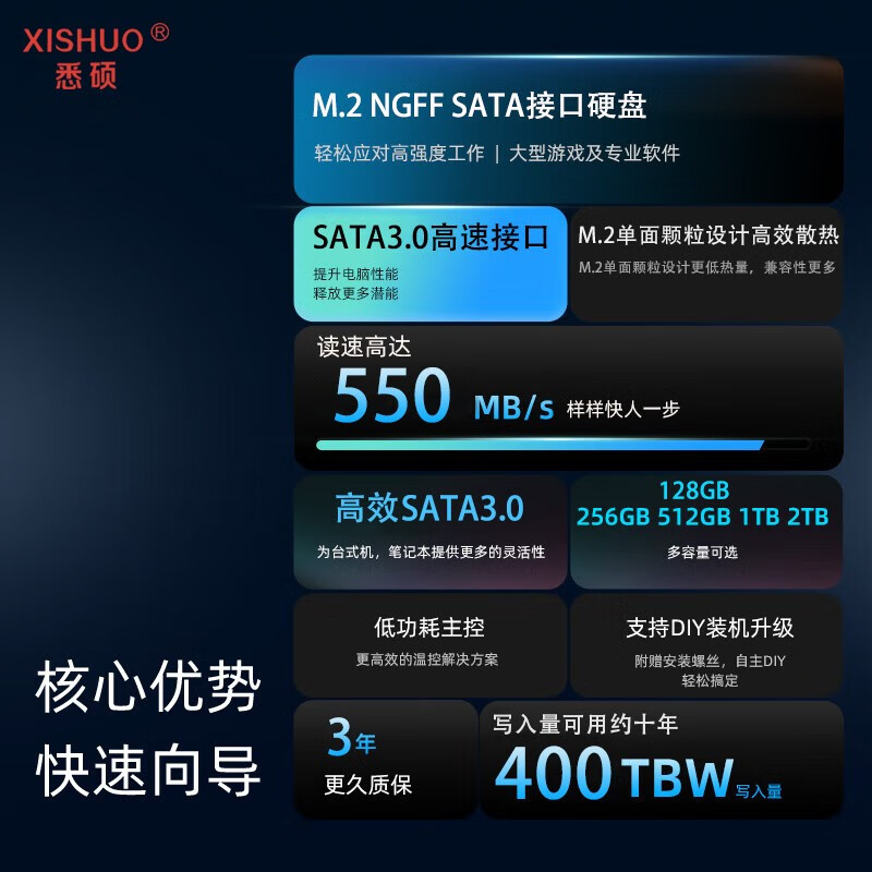 悉硕(XISHUO)1TB  M.2固态硬盘SATA协议NGFF 2280 SSD台式笔记本通用 官配【512G】