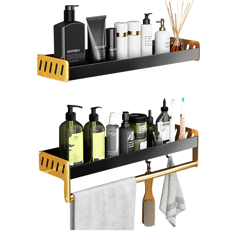 水天一方 卫生间置物架 免打孔浴室置物架壁挂式洗漱台厕所洗手间用品太空铝毛巾收纳架 轻奢金40cm【双层带一杆】