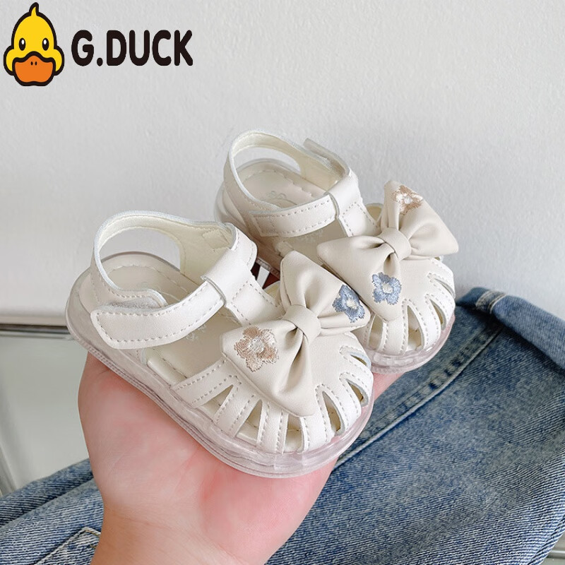 G.DUCKKIDS小黄鸭女童新生婴儿韩版软皮鞋0-3岁步前鞋女宝宝公主单鞋凉鞋 白色 16码（内长12）