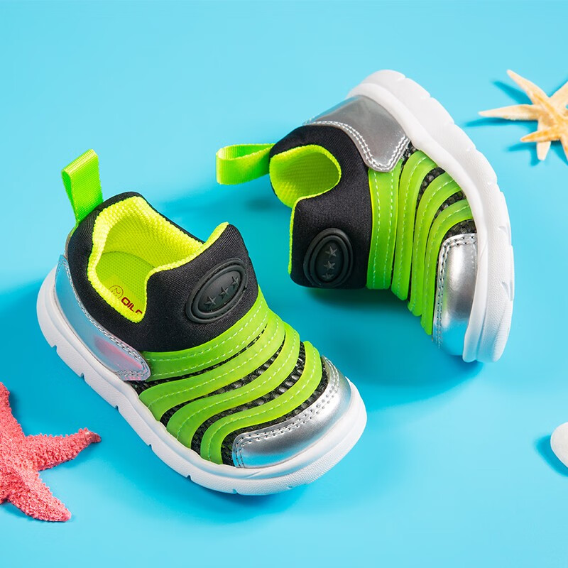 QiLoo-夏季大孔网毛毛虫学步鞋中小童男童女童运动鞋 黑色/绿色 27