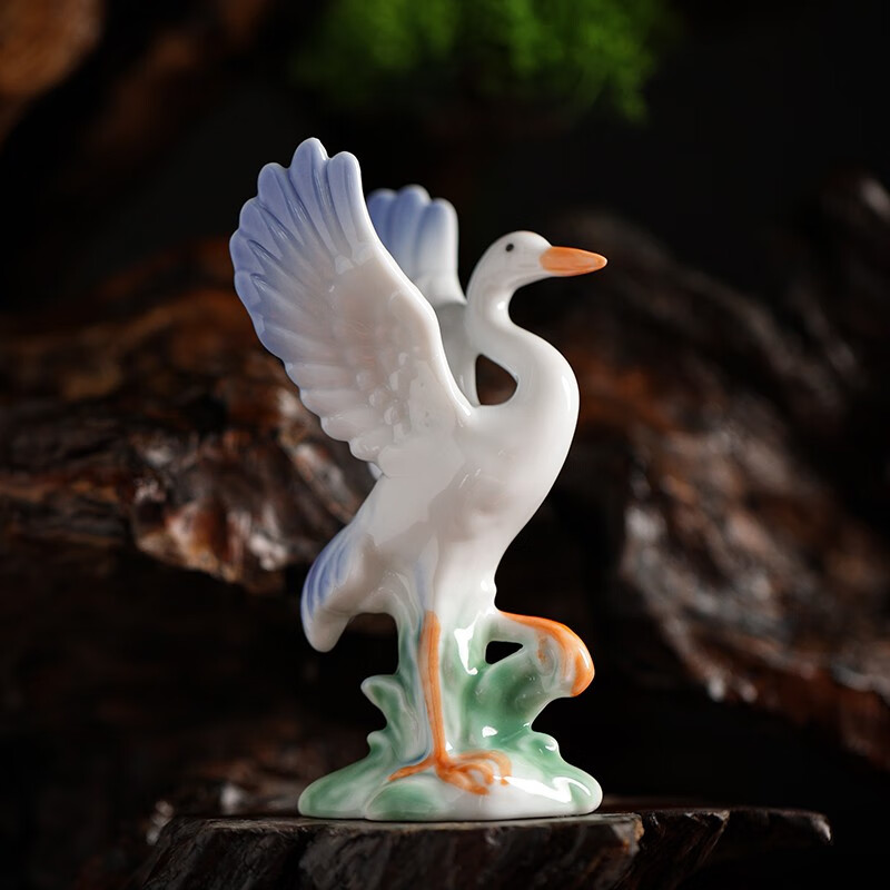 仙鹤小摆件家居园艺花盆鱼缸流水器装饰造景小配件 展翅仙鹤-彩色款