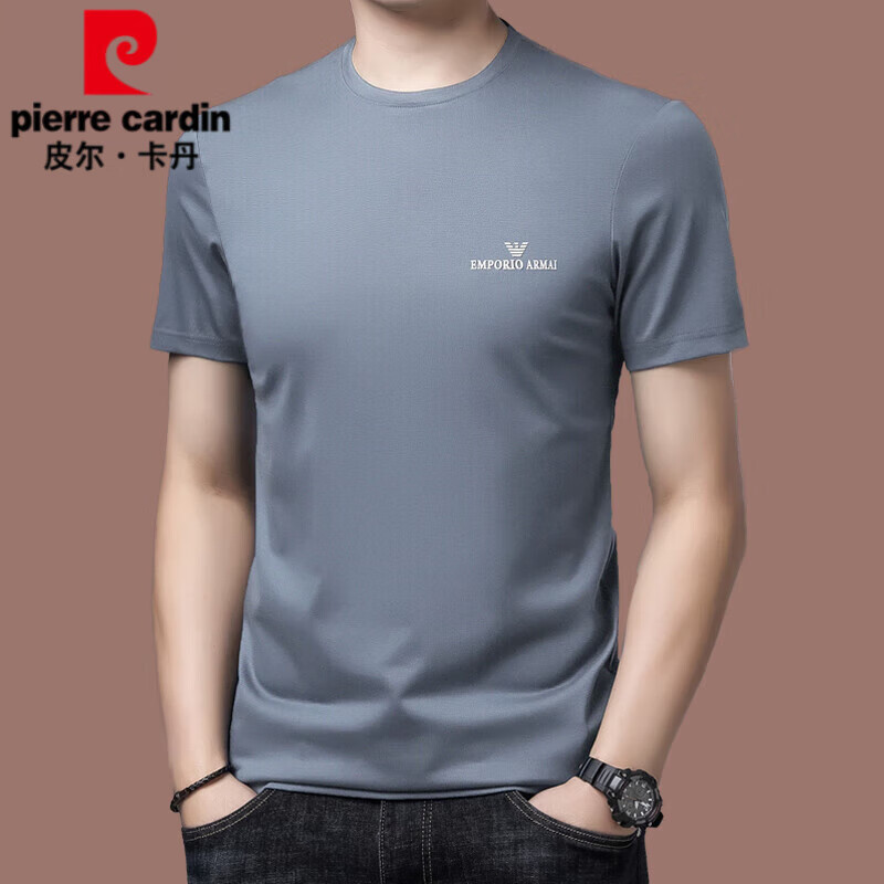 皮尔卡丹（pierre cardin）冰 丝短袖t恤男2025新款春夏季圆领修身薄款桑蚕丝体恤衫潮 灰色2117款 2XL 180 【155斤-170斤】
