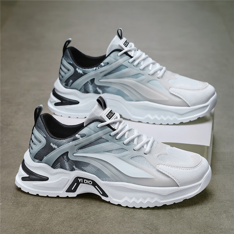 鞋春季2024新款潮流青少年网面运动休闲跑步鞋厚底增高老爹潮鞋 白黑